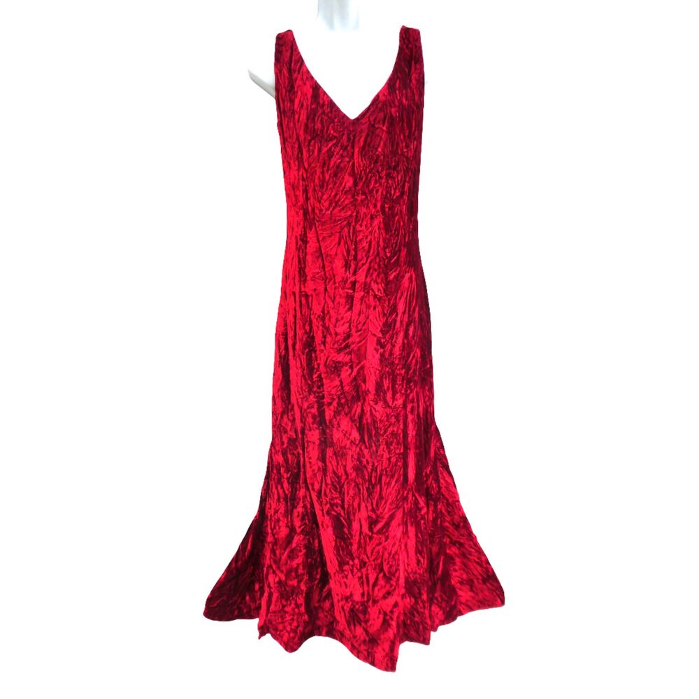 Crushed VeLVeT Vintage USA Jessica McClintock Red Maxi Dress Trumpet Flare HOT